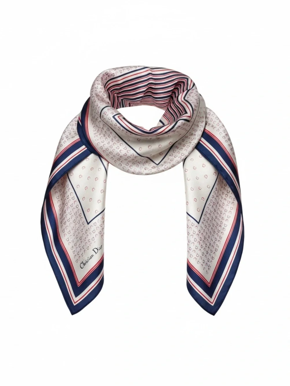 Dior ✨Cream, Navy & Red Silk Scarf - Picture 2 of 5